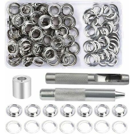 Kit d'oeillets, 100 ensembles d'oeillets de 12 mm, avec 3 outils d'oeillets à œillets Kit d'oeillets pour bâche, tissu, rideaux et fabrication (1/4)