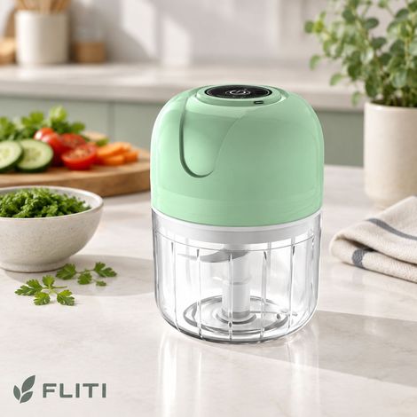 FLITI Hachoir Électrique Portable Sans Fil 250ml USB 3 Lames Inox Cyan pour Légumes Fruits Viande
