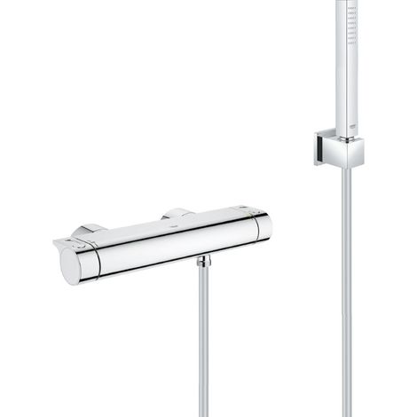 Grohe Duschset Thermostatmischer Grohtherm + Handbrause Stick 1 Strahl, Wandhalterung, Schlauch, Chrom (34169001-CUBESTICK)