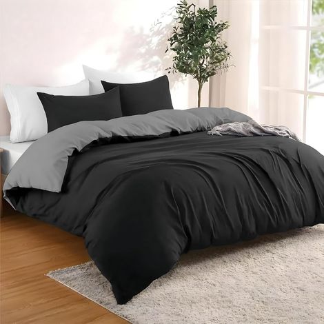 Housse de Couette 155x220 cm avec 2 Taie Oreillers 80x80 cm - Noir/Gris Foncé - Parure de Lit 155x220 en 100% Microfibre - 3 Pièces - Certifié sans Produits Chimiques (Oeko TEX) (1/5)