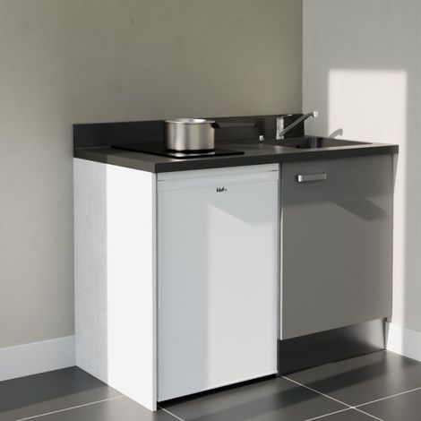 Kitchenette K08L - 120 cm - plan monobloc évier intégré Nero- évier à droite - Façades Gris + Electroménager inclus coloris Blanc