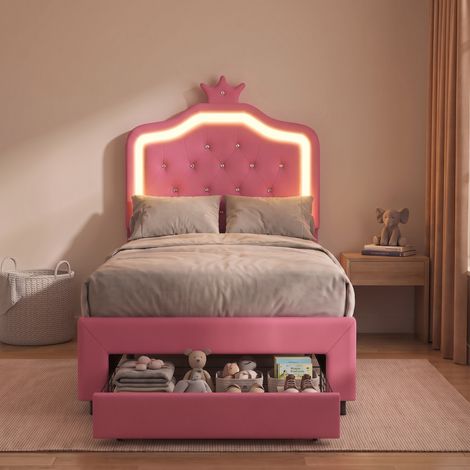 Lit simple 90x200 cm avec sommier, lit enfant avec tiroir et LED, lit capitonné, tête de lit coquillage réglable, Rose (1/5)