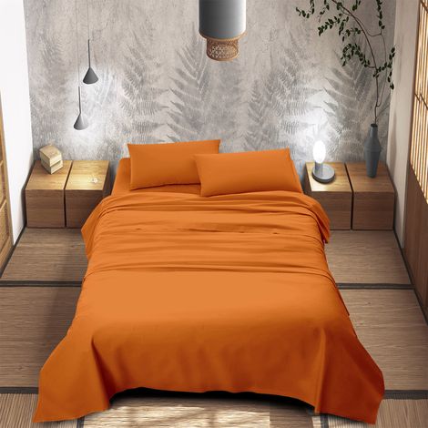 Completo Letto 100% Puro Cotone Set Lenzuola Tinta Unita Lenzuolo Sotto Sopra e Federe Copri Cuscini Biancheria Da Letto Arancio - Singolo
