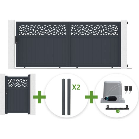 Portail coulissant 3,7m DOLOMITE RUIVO H.160cm aluminium gris + Portillon 1m DOLOMITE RUIVO + 4 poteaux ELDA + motorisation Ranger C300 (1/5)