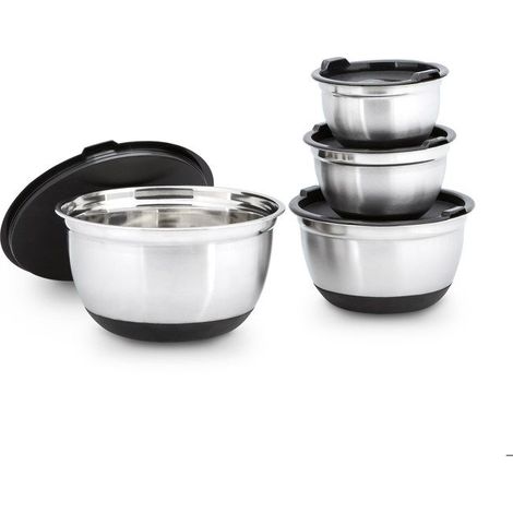 4 bols BOWLY, empilables avec couvercle, design métallique argenté/noir, pour préparation culinaire et stockage au réfrigérateur