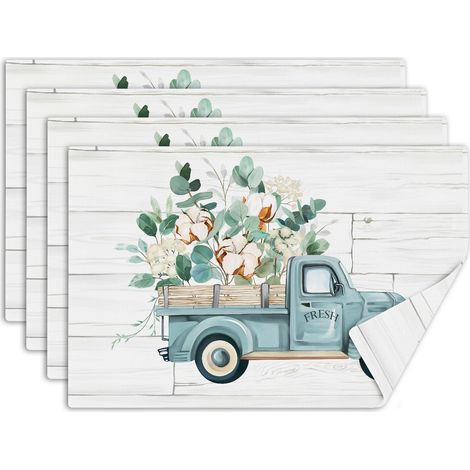 Lot de 4 Sets de Table Champêtre Rustique, sous Assiette de Table Camionnette Vintage, Lavable Absorbant Dessous Assietter en Lin pour Cuisine, Salle à Manger, Fêtes, Décoration 30 x 45 cm (1/5)