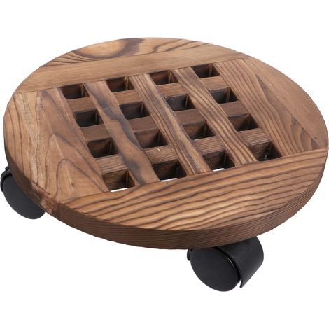 Plateau de pot de fleur rond en bois carbonisé de 30 cm de diamètre, support de fleur mobile avec base de pot de fleur à roulettes, 2 pièces (1/5)