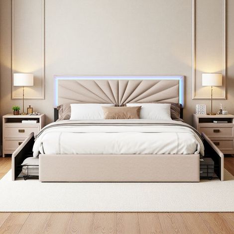 Lit double 160x200 cm - DANS LES NUAGES - Beige - Avec LED - 4 tiroirs - Tête de lit réglable (1/5)