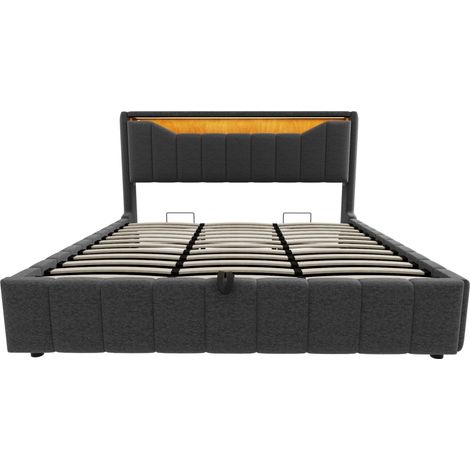 Cama canapé 180x200 cm gris con sistema hidráulico, LED, USB y USB-C, tejido resistente (1/5)