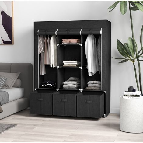 Armario de tela 125x43x162.5 cm negro de acero con 3 cajones, 5 estantes y 2 barras para colgar (1/5)