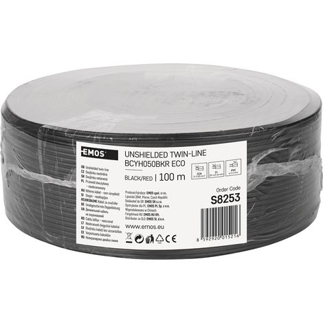 EMOS Cavo in rame 2 x 0,5 mm2, 100 m, cavo a doppio filo in CCA a bassa tensione, nero con marcatura di polarità (1/4)
