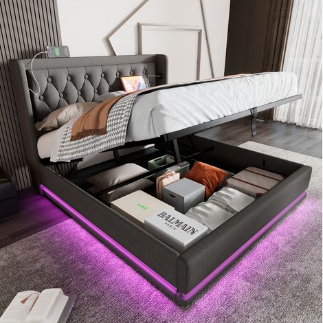 Cama doble 180x200 cm tapizada gris de algodón, canapé abatible, cabecero con USB y LED (1/5)