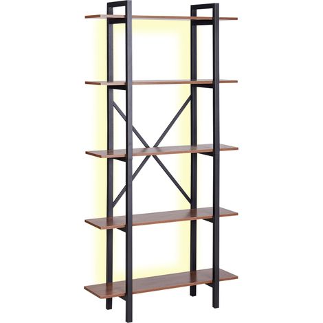 Librería LED abierta madera oscura metal negro 5 baldas industrial Darby