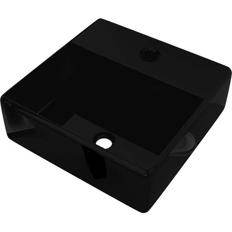 vidaXL Lavabo de cerámica cuadrado con orificio de grifo/desagüe negro (1/2)