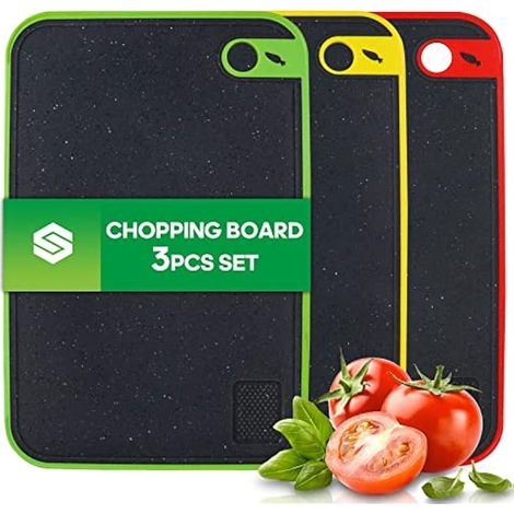 Lot de 3 planches à découper épaisses en plastique, antidérapantes avec rainure pour ail, grandes planches de cuisine sans BPA, idéales pour viande/fruits/légumes/pain (Noir)