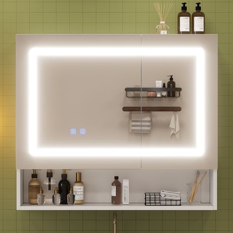 Mueble de baño con espejo, doble puerta, deshumidificación con un solo botón, iluminación LED, estantes ajustables, superficie de melamina, bisagras de cierre suave, color blanco. (1/5)