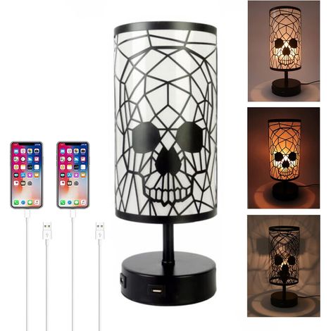 Touch Bedside Lamp, Table Lamp with 2 USB Ports, 3 Dimmable, Metal Skull Lampshade, Industrial Retro Design, E27 Socket, Bedside Lamp for Bedroom Living Room, Black (1/5)