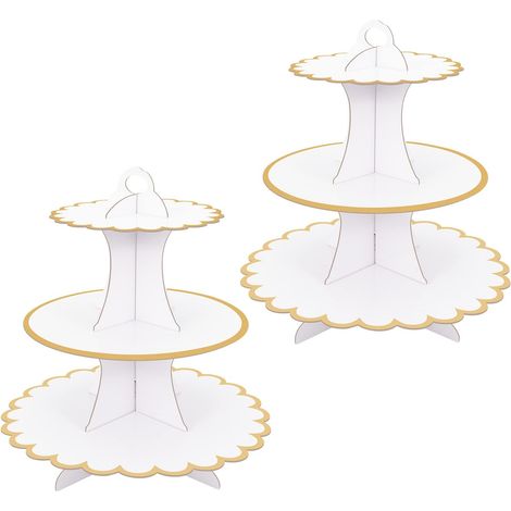 Lot de 2 présentoirs à gâteaux blancs en carton, présentoirs à cupcakes à 3 étages, tour ronde en carton
