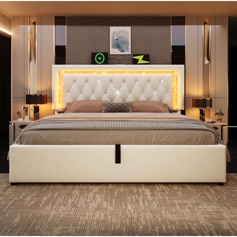 Letto matrimoniale 140x200 cm beige in velluto con LED, ricarica USB-C e contenitore idraulico (1/5)