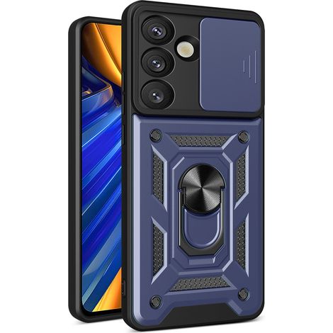 Custodia Hybrid Armor Camshield con copri fotocamera e anello in metallo per Samsung Galaxy S25 - blu