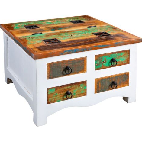 Table basse PATCHWOOD carrée 70 cm bois multicolore et blanc avec tiroirs et coffre (1/5)