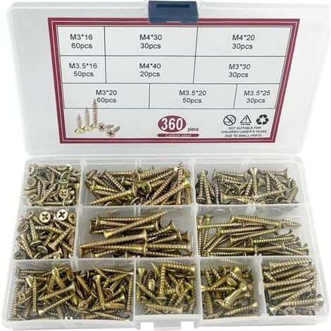 360 Pièces Vis à Bois Autotaraudeuses, Zingué Jaune Extra Fort, Vis Autoperceuses à Empreinte Cruciforme Pozidriv, Vis à Tête Plate Croisée, vis pour panneaux d'aggloméré,M3/M3.5/M4 (1/5)