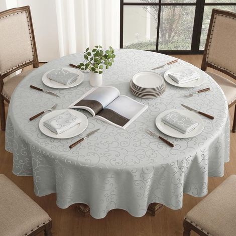 Nappe ronde 140 cm Gris lavable Jacquard motif vrilles