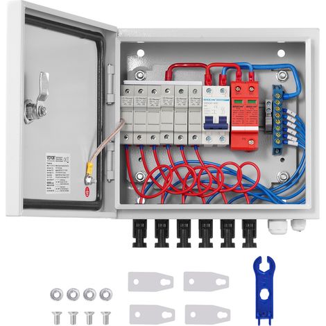 VEVOR Boite de combinaison PV, 6 chaines, boite de combinaison solaire avec fusible de courant nominal 15 A, disjoncteur 125 A parafoudre, en acier pour systeme de panneaux solaires marche/arret, IP65