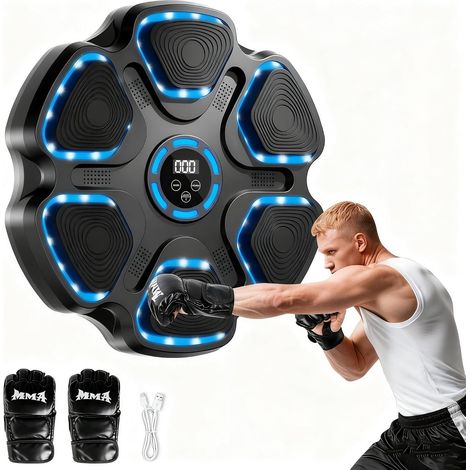 Machine de Boxe Musicale, Machine de Boxe Bluetooth Électronique avec Gants de Boxe, Musical Boxing Machine pour Enfants et Adultes, Appareil de Boxe Musical Mural avec 11 Modes et 9 Vitesses (1/5)