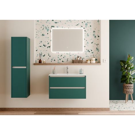 Sanitaire – Meuble sous vasque simple 80 cm – Bleu canard – Miroir antibuée avec éclairage LED – Tiroirs soft closing pour rangement optimal (1/5)