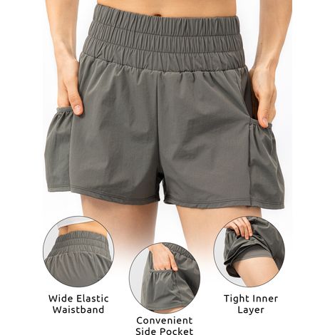 Short de Course 2 en 1 pour Femme avec Poches Large Ceinture Couverture Couche Doublure Sport pour Fitness Cycle d'entraînement Athlétique Gym Maison Sportswear 1 Pièce (1/5)