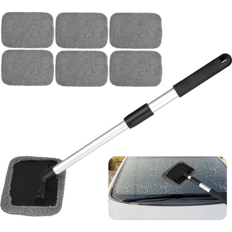 Brosse de Nettoyage de Voiture avec Manche Téléscopique et 6 Tampons Lavables, Extensible Kit de Brosse Nettoyage de Pare Brise, Brosse de Fenêtre de Microfibre pour Pare Brise (1/5)