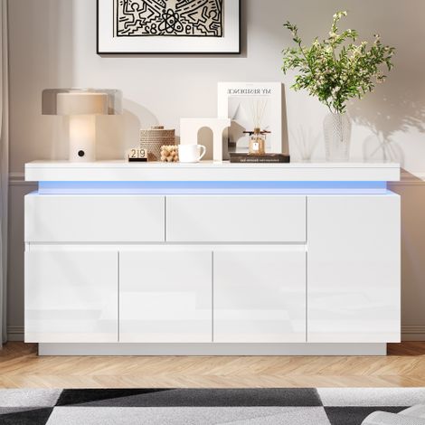 Buffet moderne avec LED- 2 portes et 3 tiroirs - Blanc (1/5)
