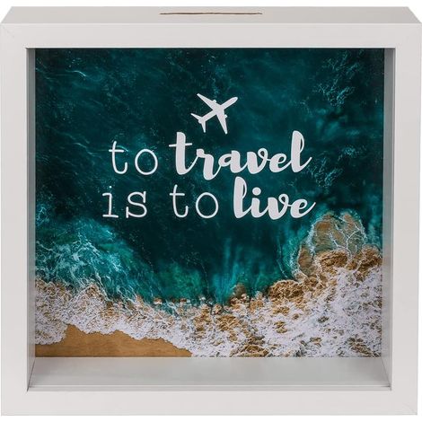 Tirelire en bois pour voyager c'est vivre (20 x 20 x 5 cm). (1/5)