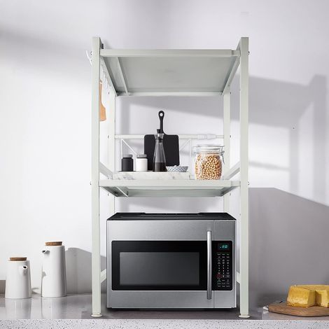 1 - Étagère De Cuisine - Support Micro-ondes - 3 Tablettes - Rangement Organisé - Acier Et Bois - Jaune Noyer - 65x54x30cm (1/5)