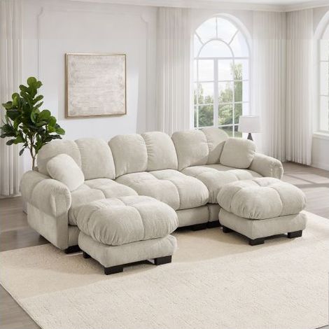 Canapé Modulable 260x149x90cm Tissu Chenille Doux - Canapé Composable - 3 Places Forme U Kaki Clair, Pouf Amovible et Coussins (1/5)