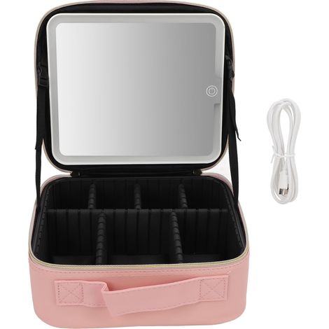 Ortviai Sac de Maquillage Portable avec Miroir LED Réglable, 3 Couleurs, Grande Capacité, Rose