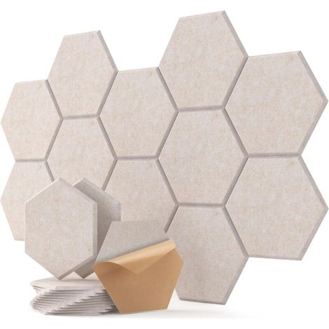 Lot de 12 30 x 26 x 0,9 cm panneaux acoustiques hexagonaux auto adhésifs, mur insonorisant haute densité pour décoration murale et traitement acoustique, panneaux insonorisants beige clair (1/5)