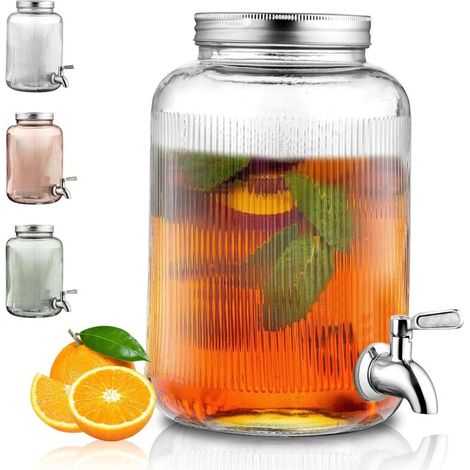 distributeur boisson en verre, réfrigérateur 4L avec robinet étanche en acier inoxydable, distributeur de jus barbecue, pique-, fête à la piscine et événement social (transparent) (1/4)