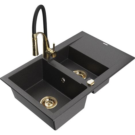 Mexen Gaspar 1,5-Kammer Granitspüle mit Abtropffläche und Küchenarmatur Aster, schwarz gesprenkelt - 6507-76-73450-57-G (1/5)