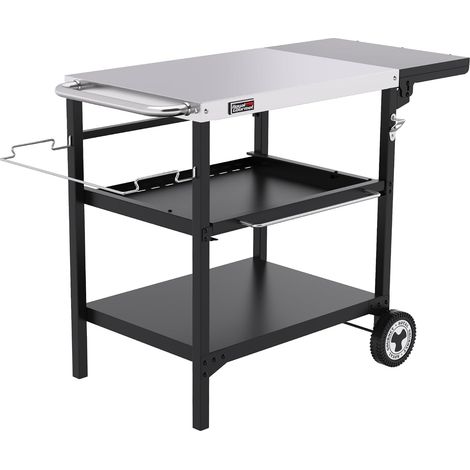 Royal Gourmet Outdoor Grilltisch, 3-Etagen Servierwagen mit 70 x 50 cm Edelstahl Tischplatte und 30 x 50 cm klappbarer Seitenablage, Beistelltisch Grillablagetisch Garten Trolley mit Push-Pull Regal