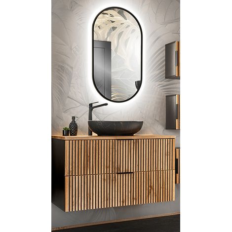 Waschplatz Set schwarz gerillt mit Waschtisch Unterschrank 100 cm, Aufsatzwaschbecken, LED Spiegel XANTEN-56 in anthrazit mit Eiche Nb., B/H/T: ca. 100,6/200/46,5 cm (1/5)