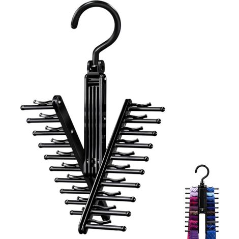 Soporte para corbatas - ganchos - organizador - colgador de cinturones - giratorio 360° - con clips antideslizantes - para guardar corbatas, cinturones y bufandas - negro - 13 x 29 cm (1/3)