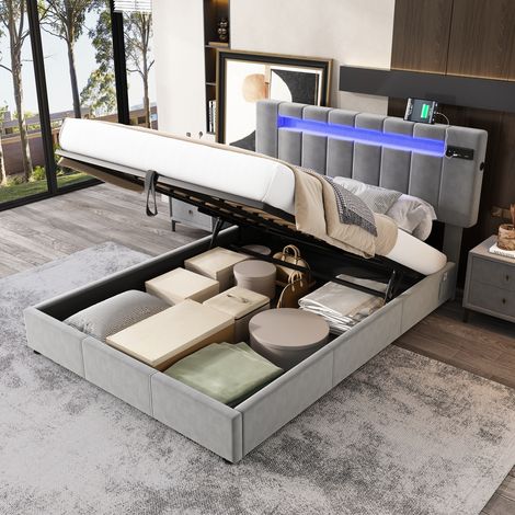 Upholstered bed, hydraulic bed, adults teenagers 4ft6 double bed 135x190cm, with Bluetooth stereo and USB port, with small pockets, 7colors LED-light strips and 12 dynamic modes, Velvet+Iron, Grey