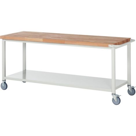 Werkbank Classic B2000xT700xH880mm Buche massiv lichtgrau fahrbarm.Fachboden (1/3)