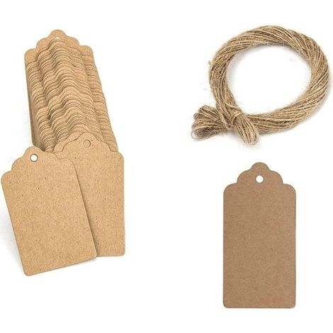 Lot de 100 étiquettes cadeaux kraft – 5x3 cm – Avec corde en jute 20 m – Mariage, Saint-Valentin, DIY (1/5)