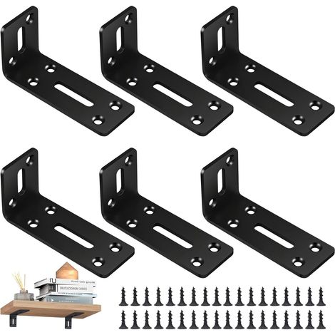 6 Pièces Équerre de Fixation 80 x 40 mm, Support Etagere Murale en Forme de L à 90°, Support D'angle Réglable avec 2 Trous Allongés, Noir Équerre Étagère, pour Armoires et Tables (1/5)