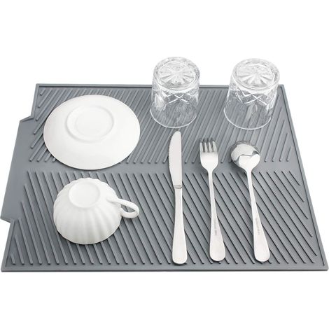 JANMIR-Tapis égouttoir à vaisselle en silicone, usages multiples, facile à nettoyer, résistant à la chaleur - Rangement compact 43 x 33 cm (gris) (1/5)