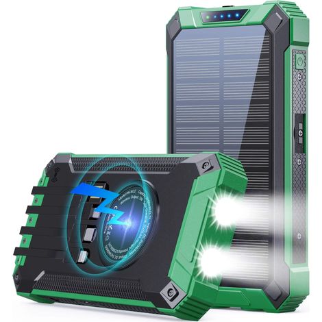 10000mAh multifonctionnel batterie d'énergie solaire puissance Mobile batterie de charge rapide avec 4 câbles chargeur sans fil lampe de poche LED (Vert) (1/5)