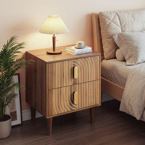 Table de chevet 2 tiroirs en MDF noyer brun, motifs géométriques, pieds inclinés, rangement chambre Boho (1/5)